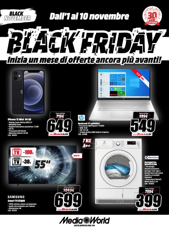 Black Friday Mediaworld fino al 10 nov 2021